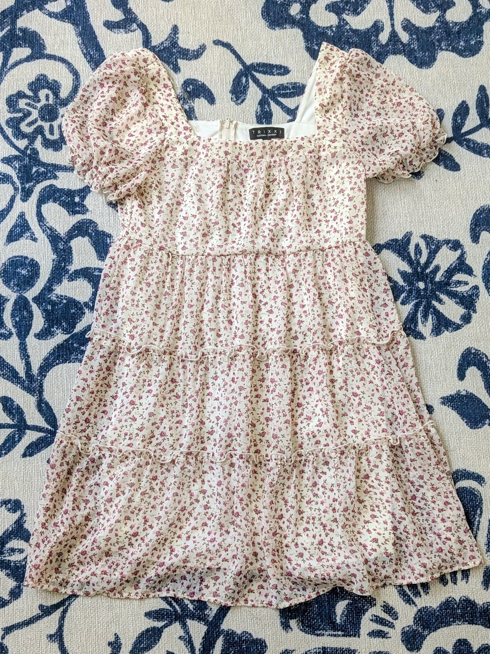 Trixxi Cream Floral Tiered Puff-Sleeve Dress with Pink Blossoms